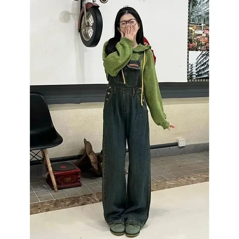 

American Sle Retro Denim Overalls Women's New 2025 Winter Straight Leg Slimming Strap Workwear Wide Leg Jumpsuits