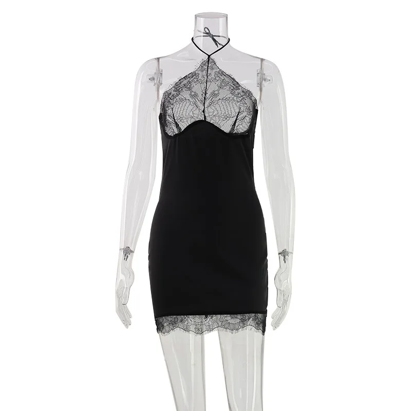 CNYISHE Halter Lace Patchwork Sleeveless Backless Party Sexy Club Outfits Women Dresses Sheath Fashion Fitness Female Bodycon