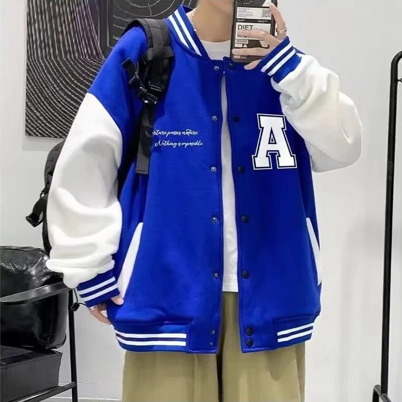 

American Retro Klein Blue Baseball Jaet Men's Oversize Trendy Fce Lined Jaet Loose Fit Color Blo Polyester Jaet