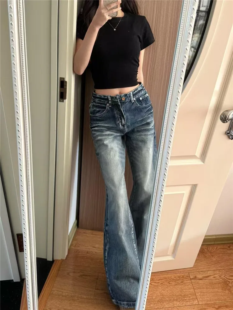 

Женские винтажные синие джинсы с широкими штанинами, весенние, свободные, стройнящие, струящиеся, с эффектом потертости, с высокой талией, на пуговицах