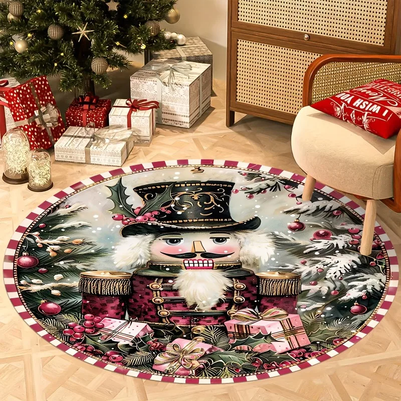 Nutcracker Doll Round Rug 80x80cm Holly Gift Mat for Hallway