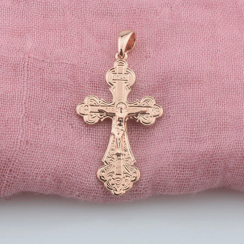 FJ Women Mens 585 Rose Gold Color Cross Written Pendant Chains Necklace