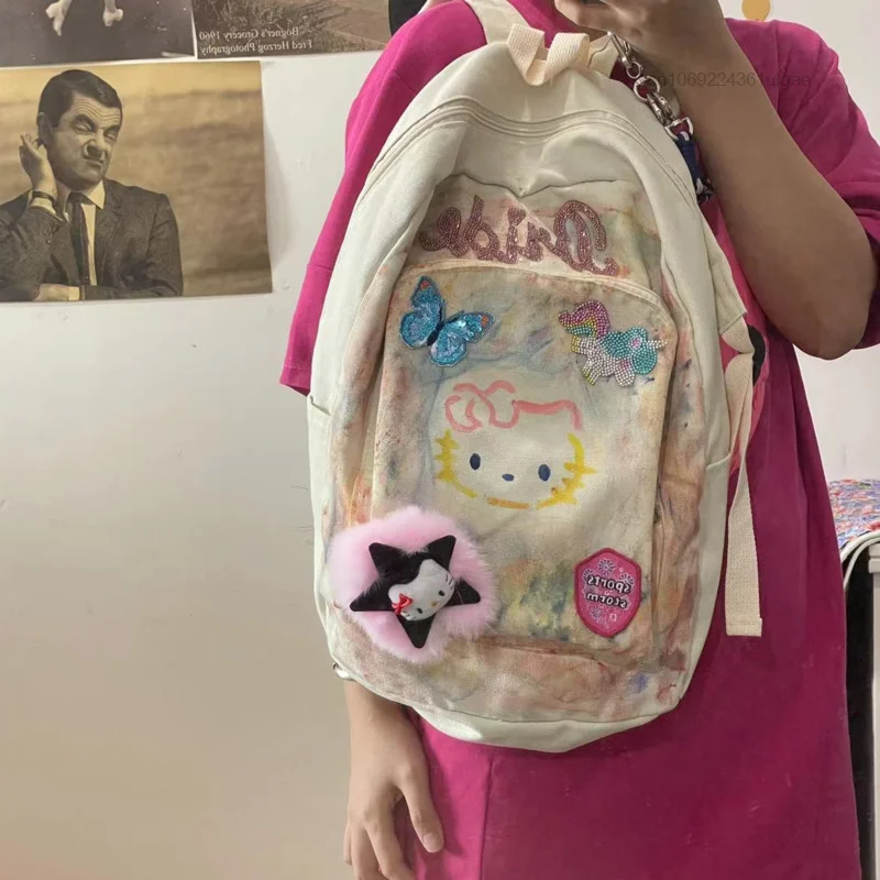 Sanrio Hello Kitty nowe torby Vintage kreatywne mody plecaki Y2k dziewczyna słodka podwójna torba na ramię kobiety malowane plecak kreskówka