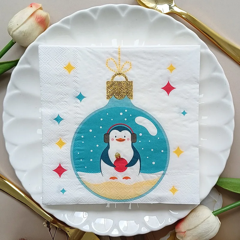 20pcs/Pac 33cm 2-Ply Penguin Light Bulb Christmas Elements Printed Napkins Christmas Party Disposable Paper Placemats