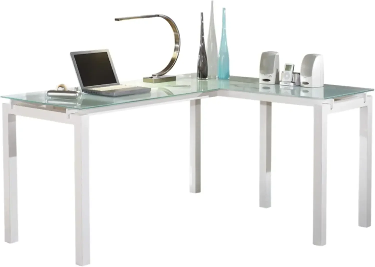 Contemporary Glass L-Shaped Home Office Desk, White