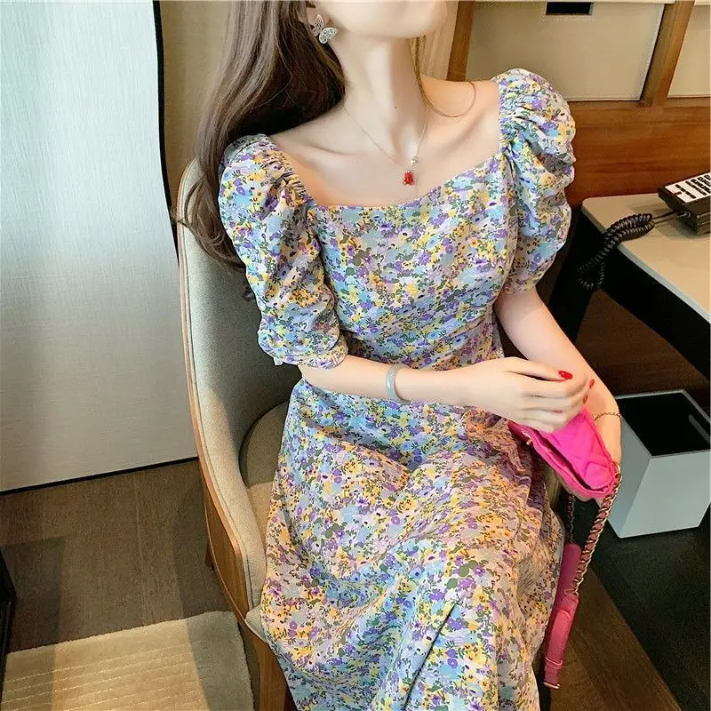 

Women's 2024 Summer New French Puff Sleeve Patchwork Printing Folds Fashion Minimalist Casual Chiffon Short Sleeve Dresses