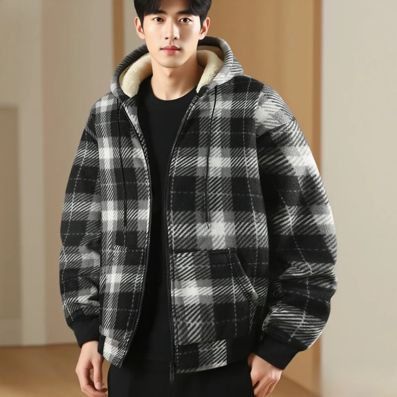 

Fashionable Trendy Grid Thickened Warm Lamb Fleece Jacket for Men Casual Loose Versatile and Handsome Sports High Quality Jacket
