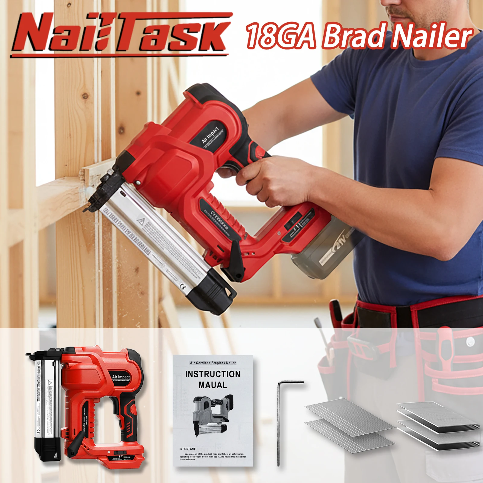 

NailTask 20V 18 Gauge Cordless Nailer 2 in 1 Electric Nail Gun/Staple Gun with Nails/Staple for Wood Upholstery DIY (No Battery)
