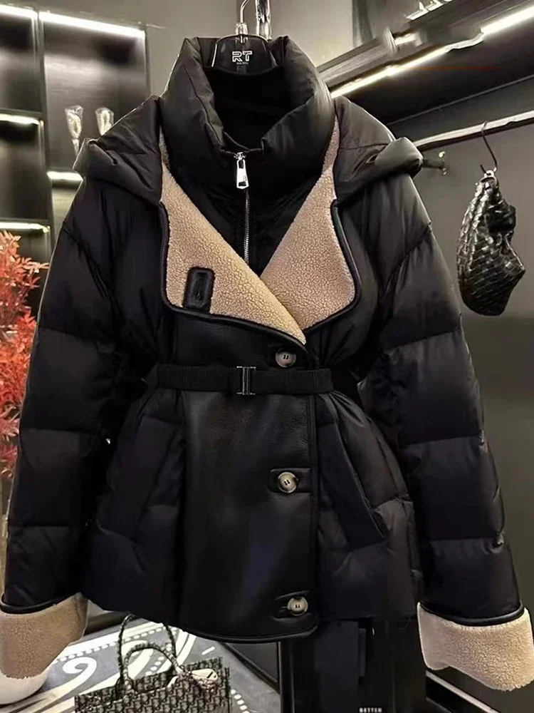Parkas holgadas de cuero PU con retales para invierno, chaquetas con capucha y cinturón, abrigo informal de plumón de pato blanco, chaqueta acolchada JJ443