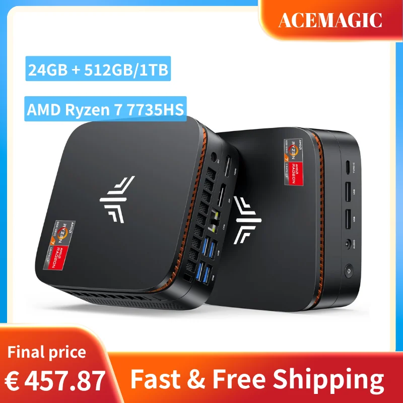 ACEMAGIC Mini-PC AMD Ryzen 7 7735HS 24GB LPDDR5 512GB NVMe SSD Windows 11 Pro Dreifache 4K-Anzeige 2.5G LAN WiFi 6 Gaming Mini-PC