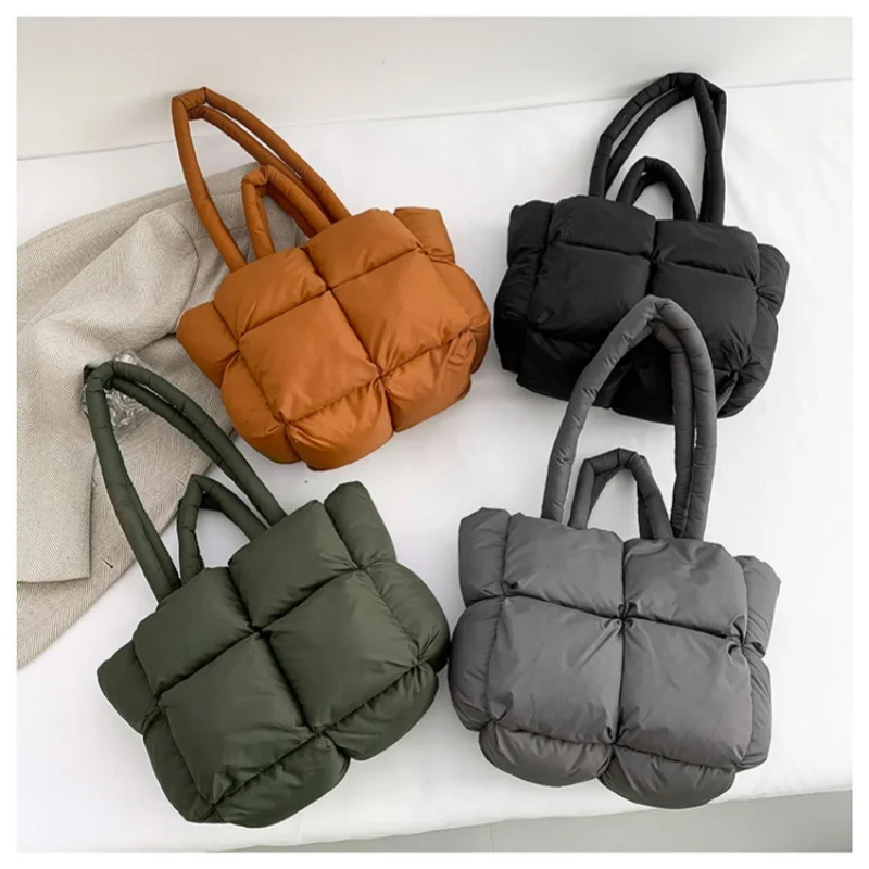 2024 new down jacket, simple cotton-filled space tote bag, soft checkered hand-held shoulder bag