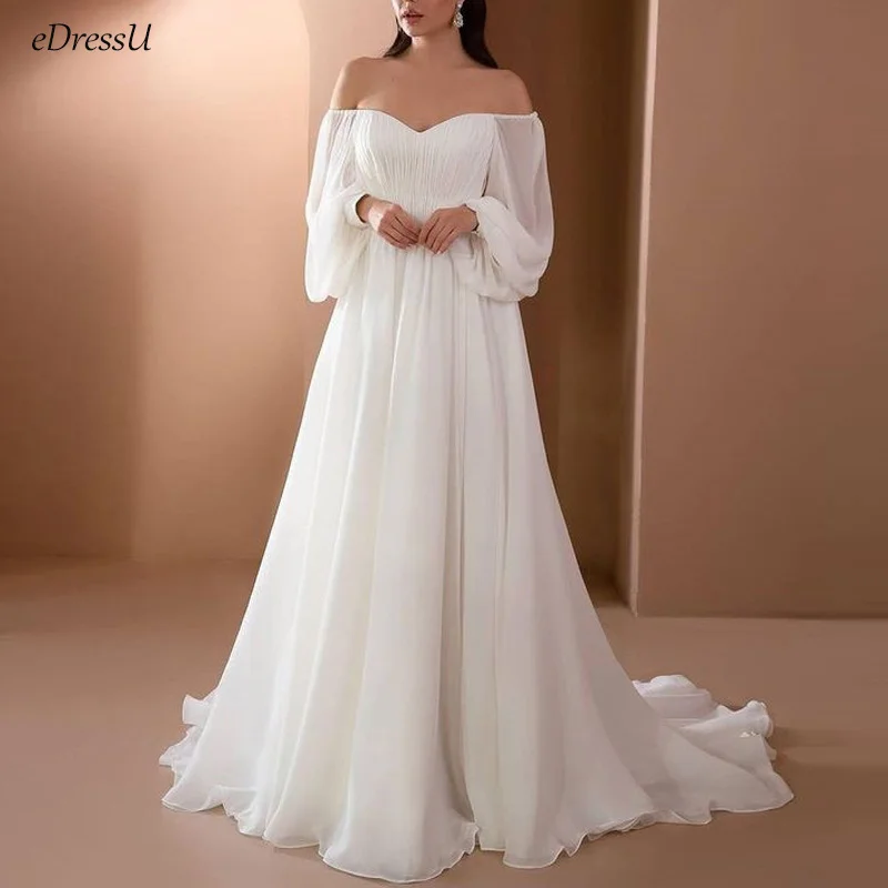 Elegant White Long Evening Dress Women A-Line New Off Shoulder Pleated Beach Party Wedding Gown Full Length with Train YL-8W