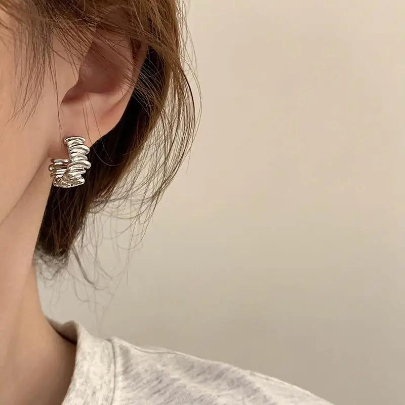 Metal Huggie Earrings Crinkle Irregular Hoop Geometric Gold Silver Alloy Minimalist Women Small Jewelry Wear Gift Party