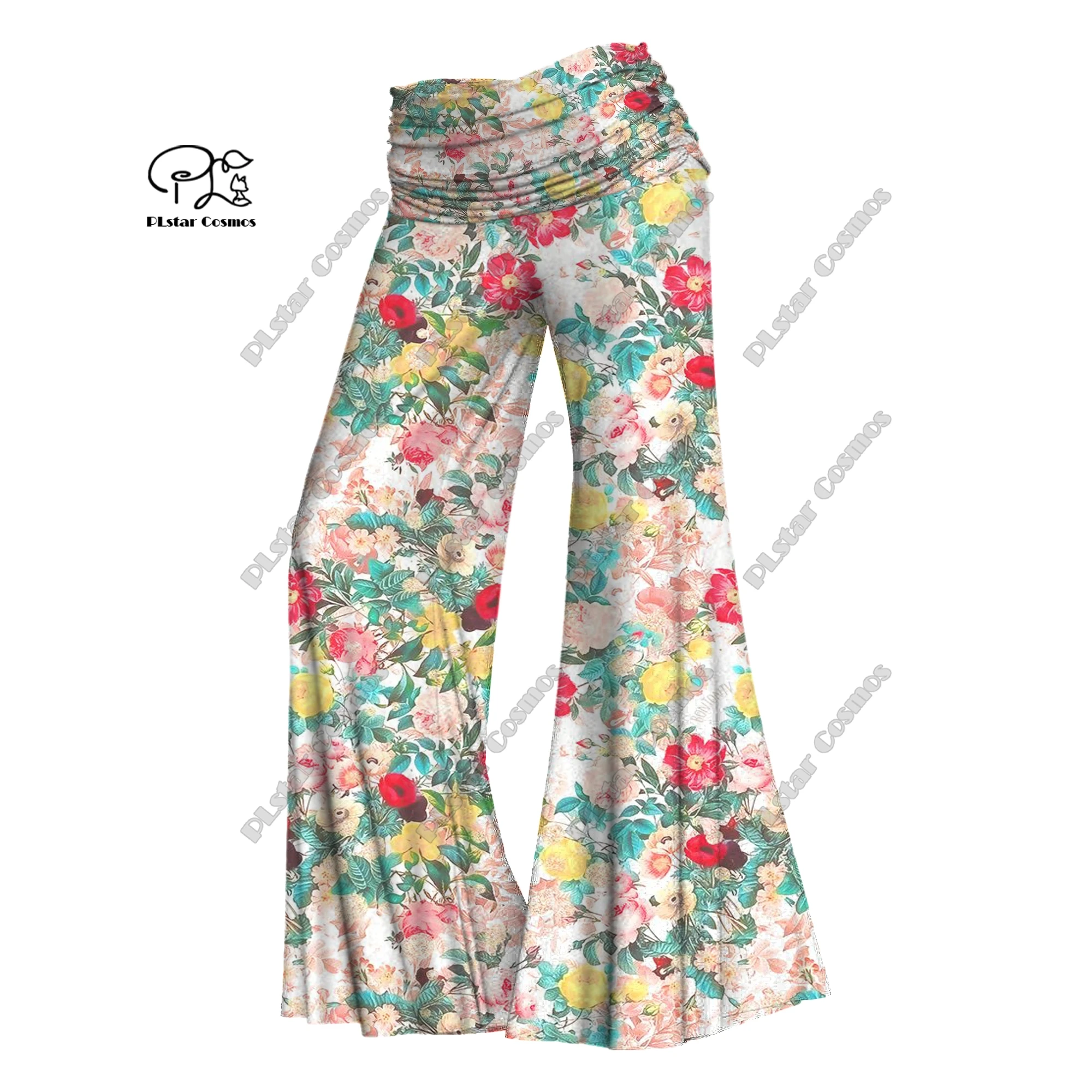 Plstar Cosmos 3d Geprint Dames Kleurrijke Kleine Gebloemde Wijde Pijpen Broek Tailleband Opvouwbare Elastische Taille Broek Casual H-2