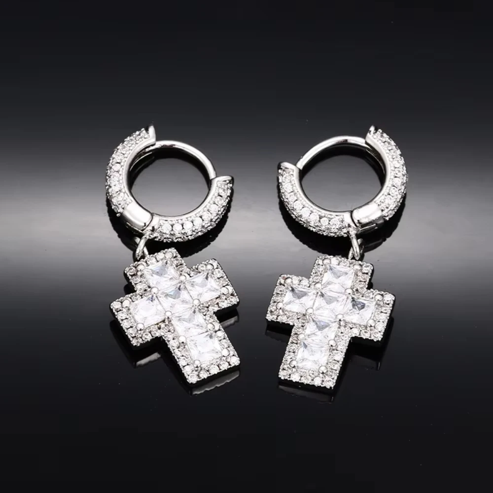 

Hip Hop lady Cross Earring Princess Cut Zircon Huggie Jewelry Cross Pendant round Studs Ear Jewelry