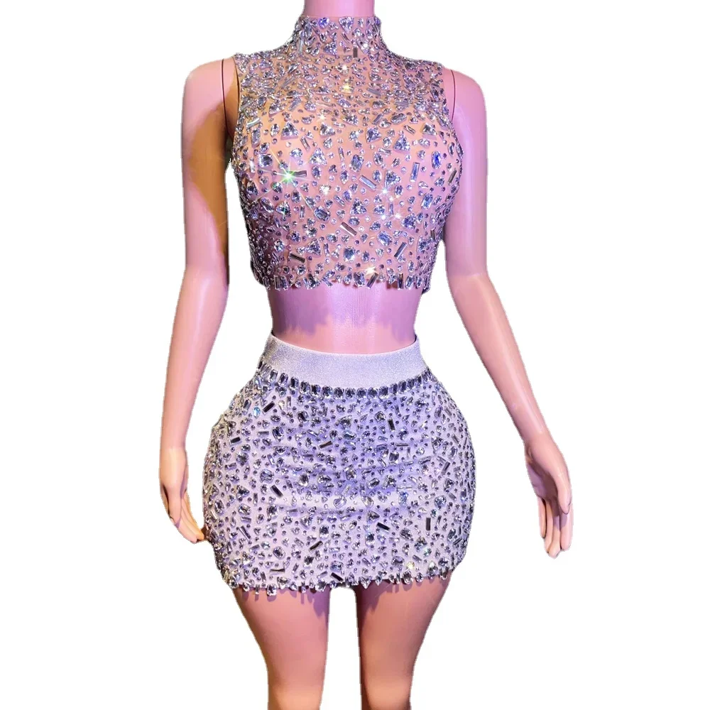 Luxurious Rhinestones Celebrate Evening Birthday Dress Crystals Top Short Skirt Two Pieces Performance Costume Show Stage Wear