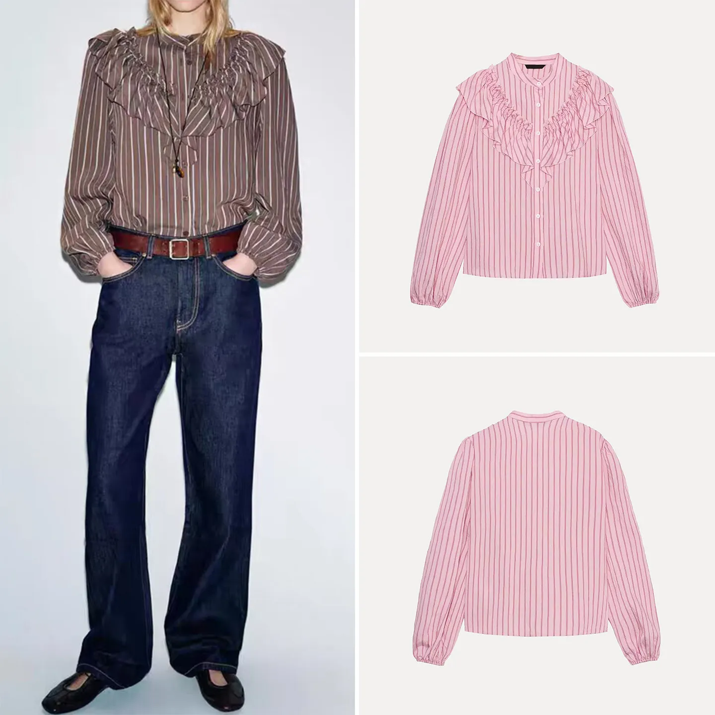 

Зима 2025: Женская универсальная блузка с длинным рукавом, высоким воротником, в полоску, многослойная, декоративная, бренд Sle Z, другие материалы, 00%