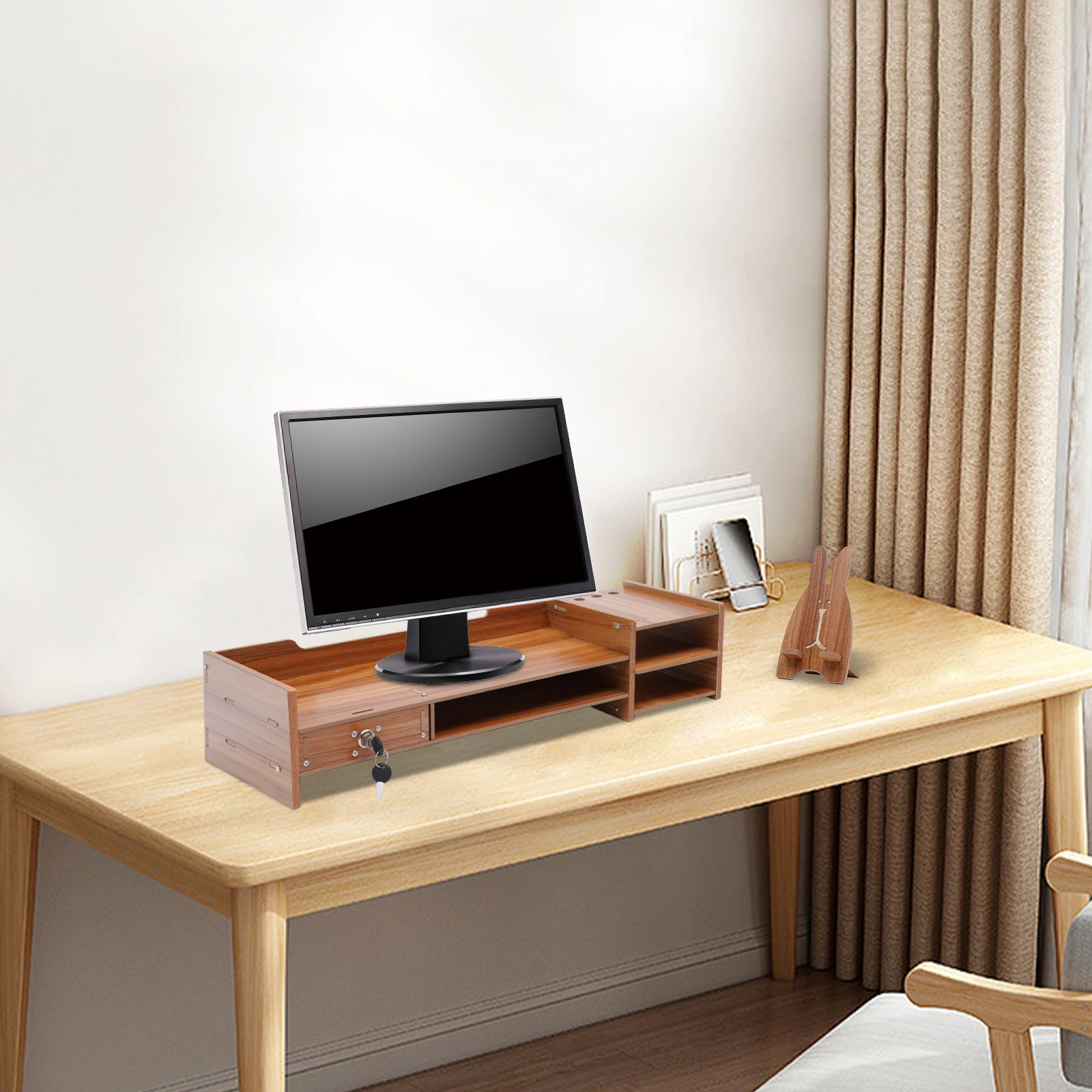 Monitor Wood Desk Organizer with Drawers Office Desktop Storage Monitor Holder With Lock Laptop Organizer Stand Riser Desktop