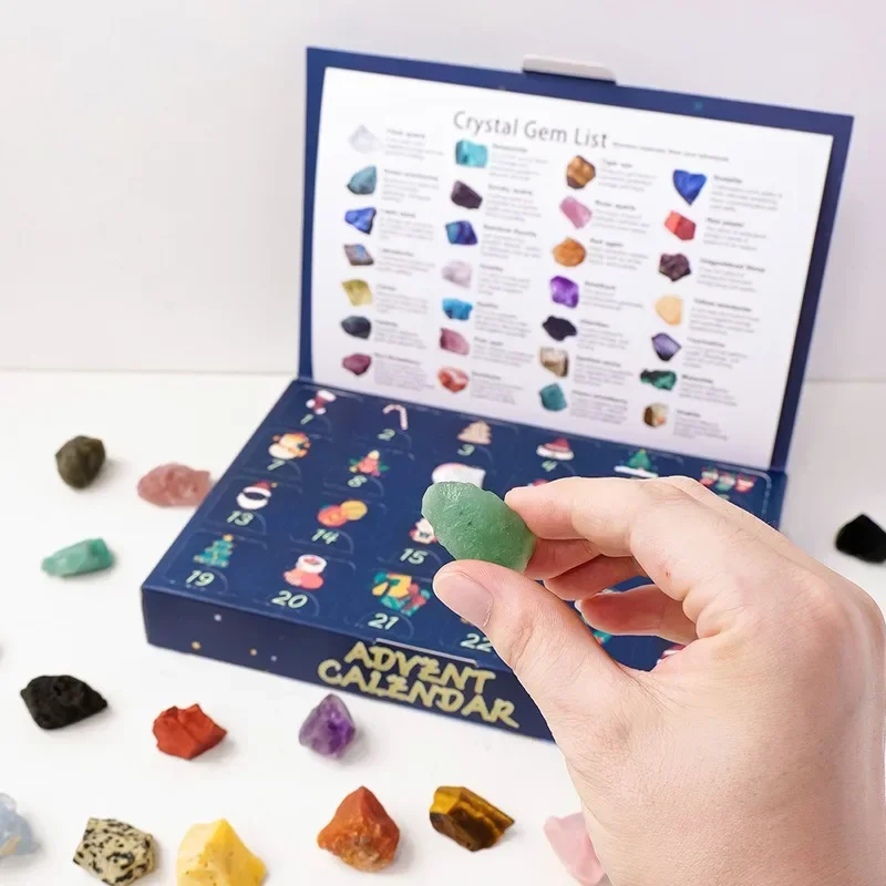 Christmas Advent Calendar Natural Crystal Gemstones Collection Box 24 Days Countdown Calendar Crystal Stone Gift Box for Kids