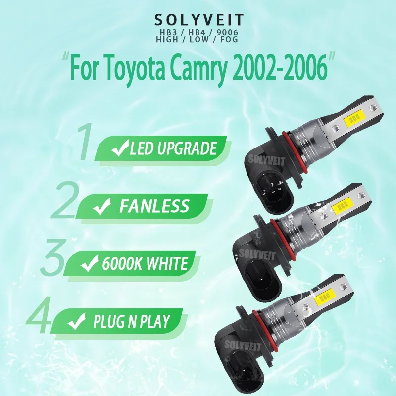 

9005/9006/HB4 LED Car Light High Low Fog Kit 6000k White Plug and Play 200% Brighter For Toyota Camry 2002 2003 2004 2005 2006