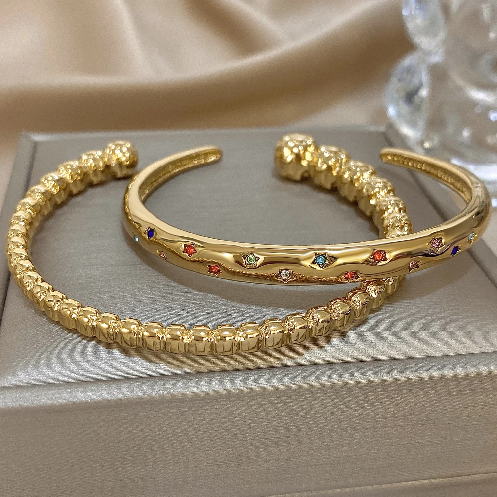 Estrela incrustada colorida pequena zircônia frisada aberta pulseiras de punho de aço inoxidável pulseiras luxuoso banhado a ouro joias de pulso presente