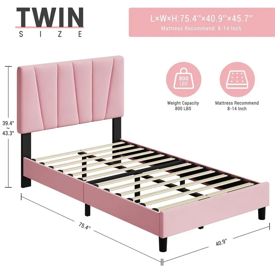 Size Bed Frame with Headboard Adjustable, Modern Velvet Upholstered Twin Platform Bed Frame with Wooden Slat Support, No Box Spr