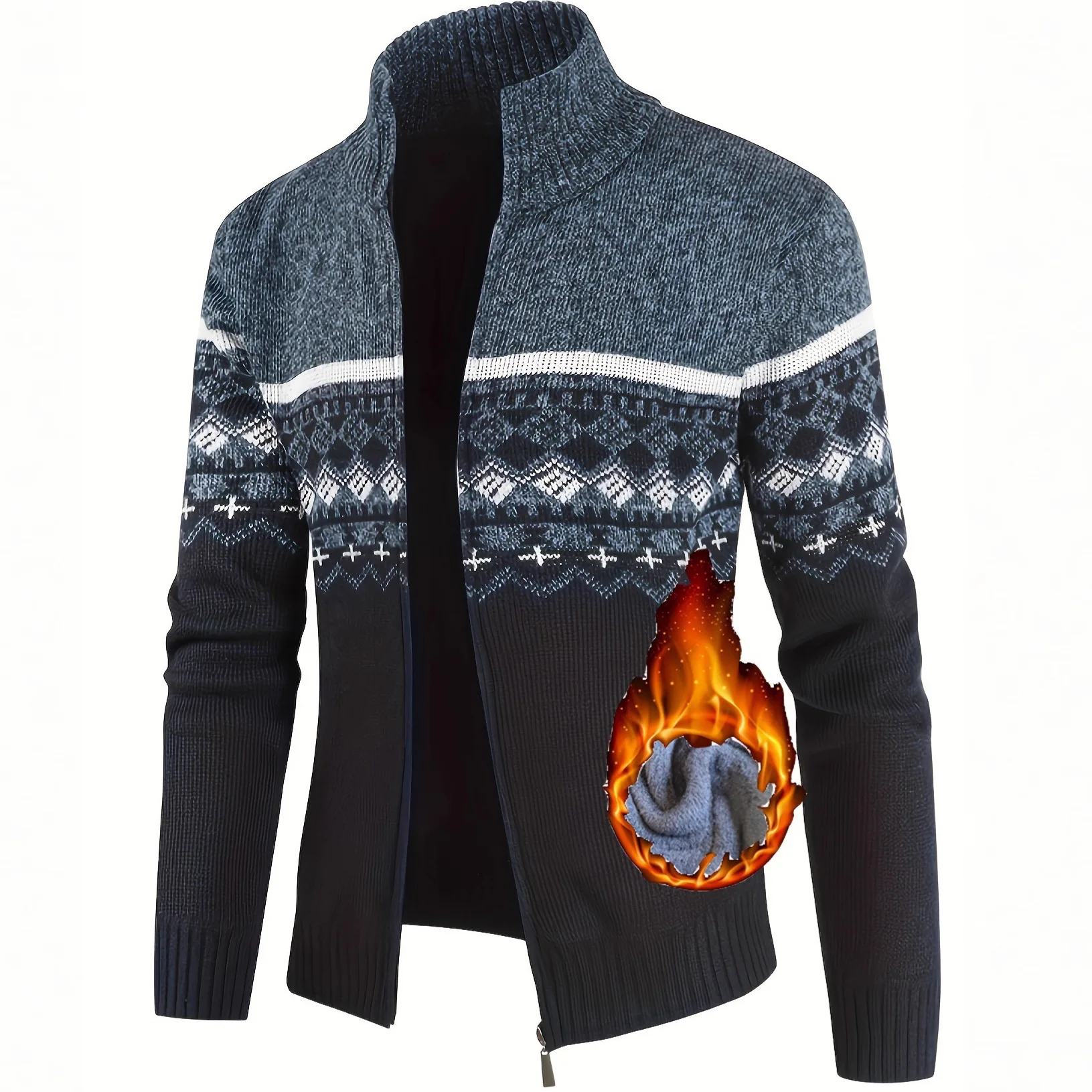 Men's Winter Turtleneck Fleece Lined Thick Knitted Cardigan Sweater Coat Casual Slim Fit Button Down Long Sleeve Outerwear Solid