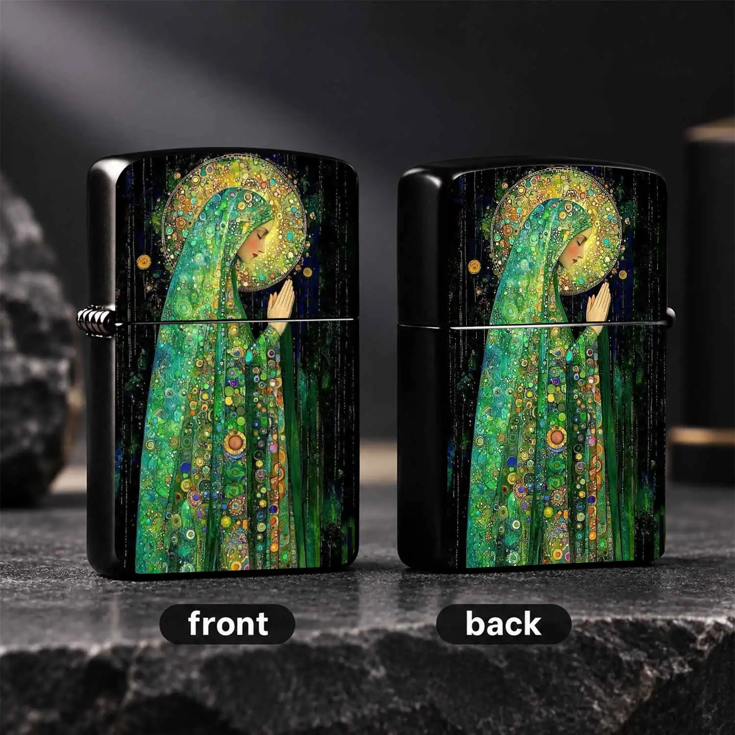 Vintage Klimt Style Praying Saint Pattern  Durable Durable Housing Windproof Colorful Printed Body Artistic Unique Collectible Gift For Art Lovers Daily Outdoor Use Exquisite Present For Friends Family A Fun And Humorous Lighter