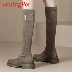 Krazing Pot punta tonda Med tacchi stivali da equitazione Koren Girl Simple Style Platform Slip on Splicing stivali alti alla coscia romantici francesi