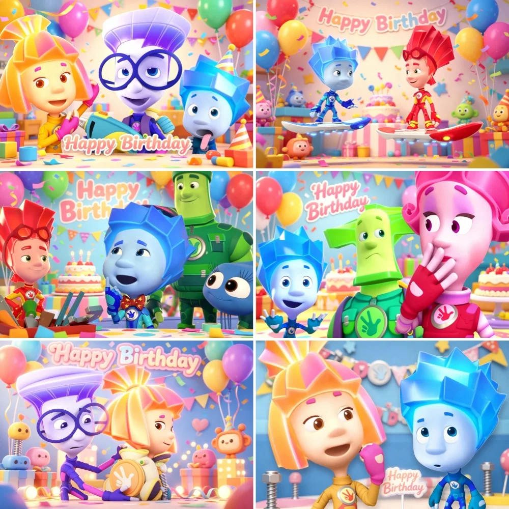 Cartoon The Fixiesed Birthday Party Decoration Background Colorful Robot Friends Photography Backdrop Newborn Baby Shower Banner