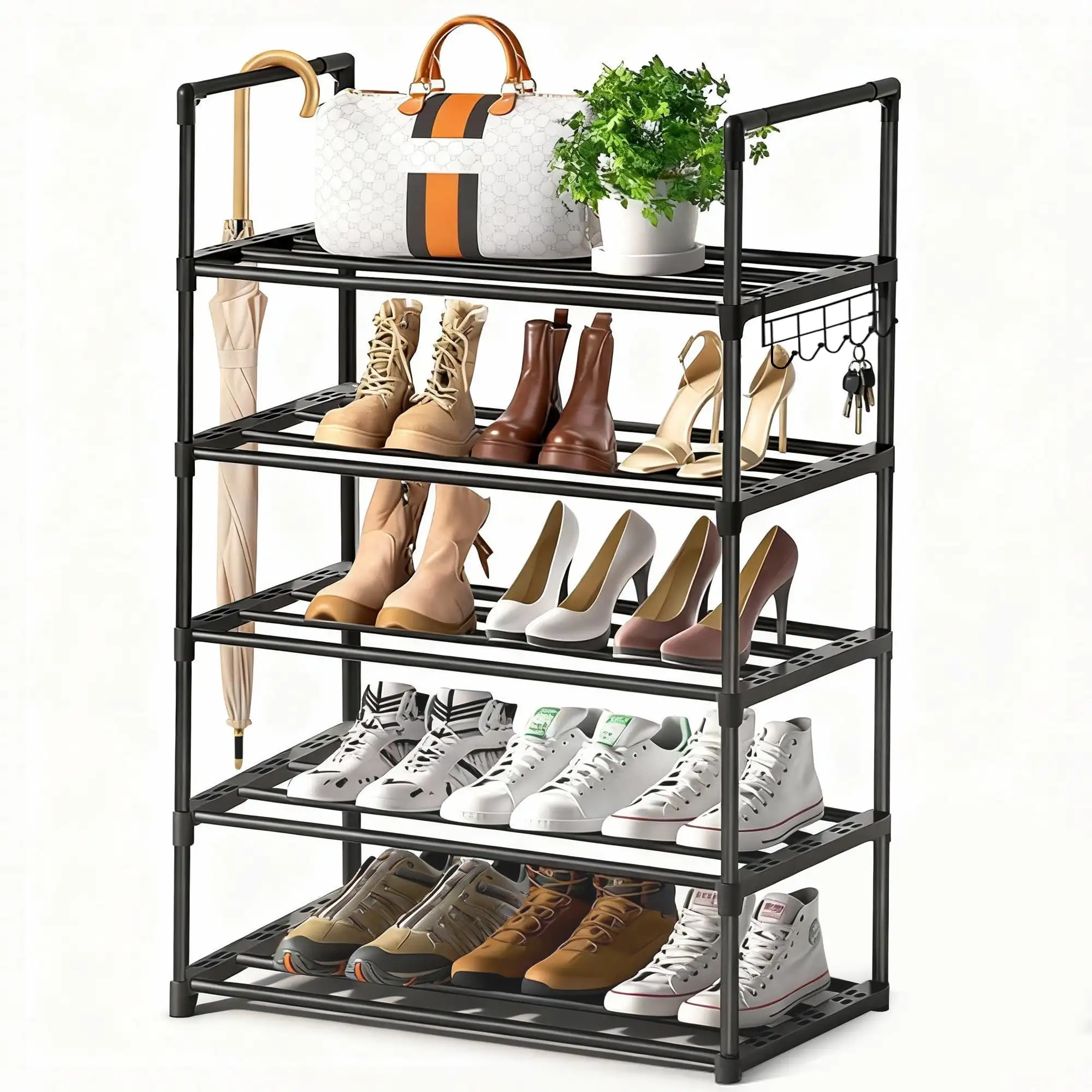 5 Tier Shoe Rack with Hooks Stackable Shoe Organizer Storage for Closet Entryway Dorm Garage