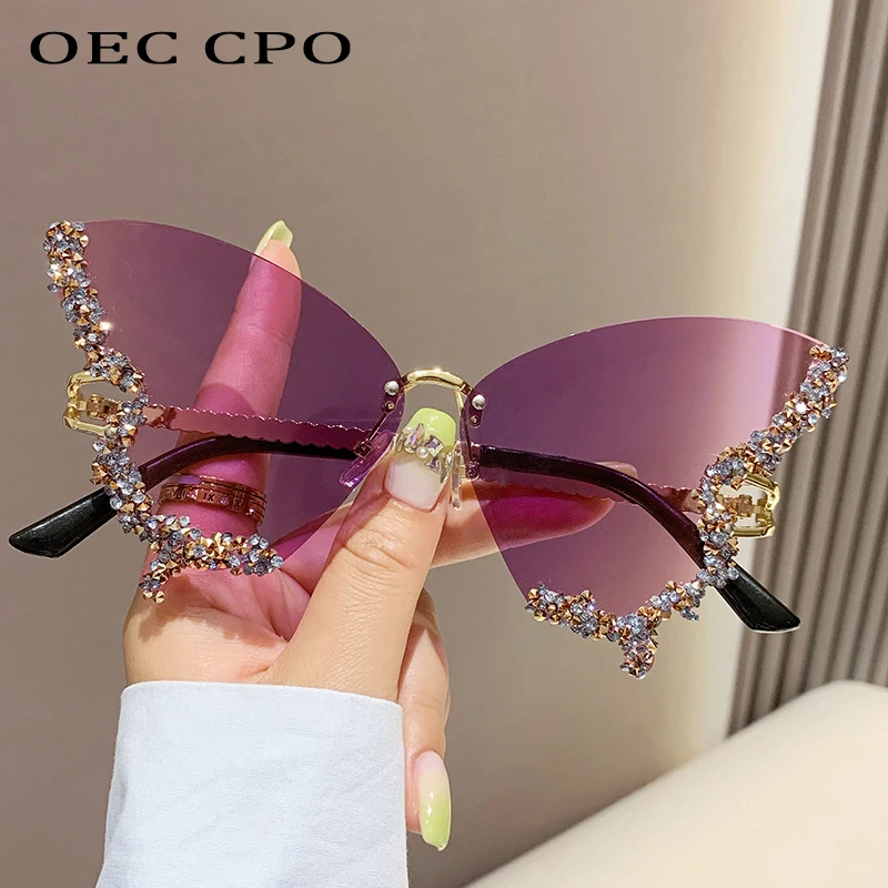 Shiny Butterfly Diamond Sunglasses Women Oversized Rimless Sun Glasses Ladies Y2k Trends Punk Eyeglass Rhinestone Eyewear UV400