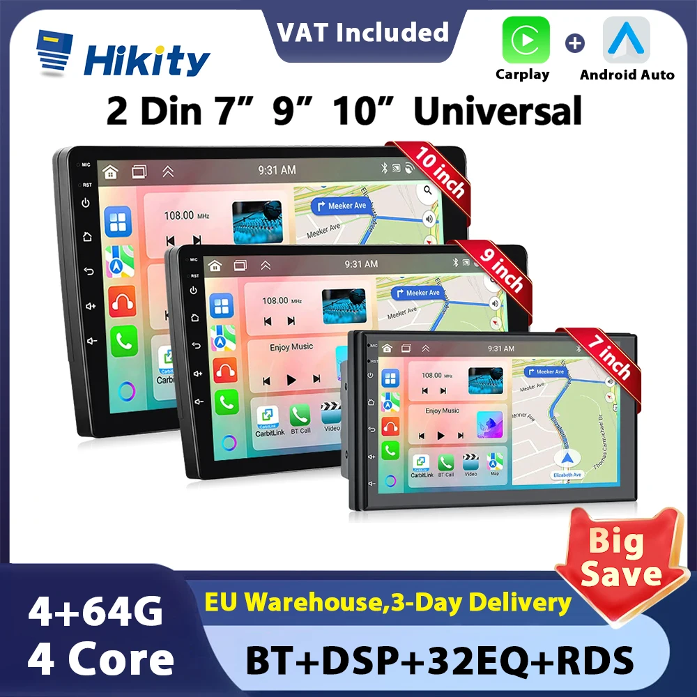 Hikity 4+64G Android Car Stereo Radio Carplay Android Auto Car MP5 Player Bluetooth WIFI GPS FM Radio Receiver 2din autoradio