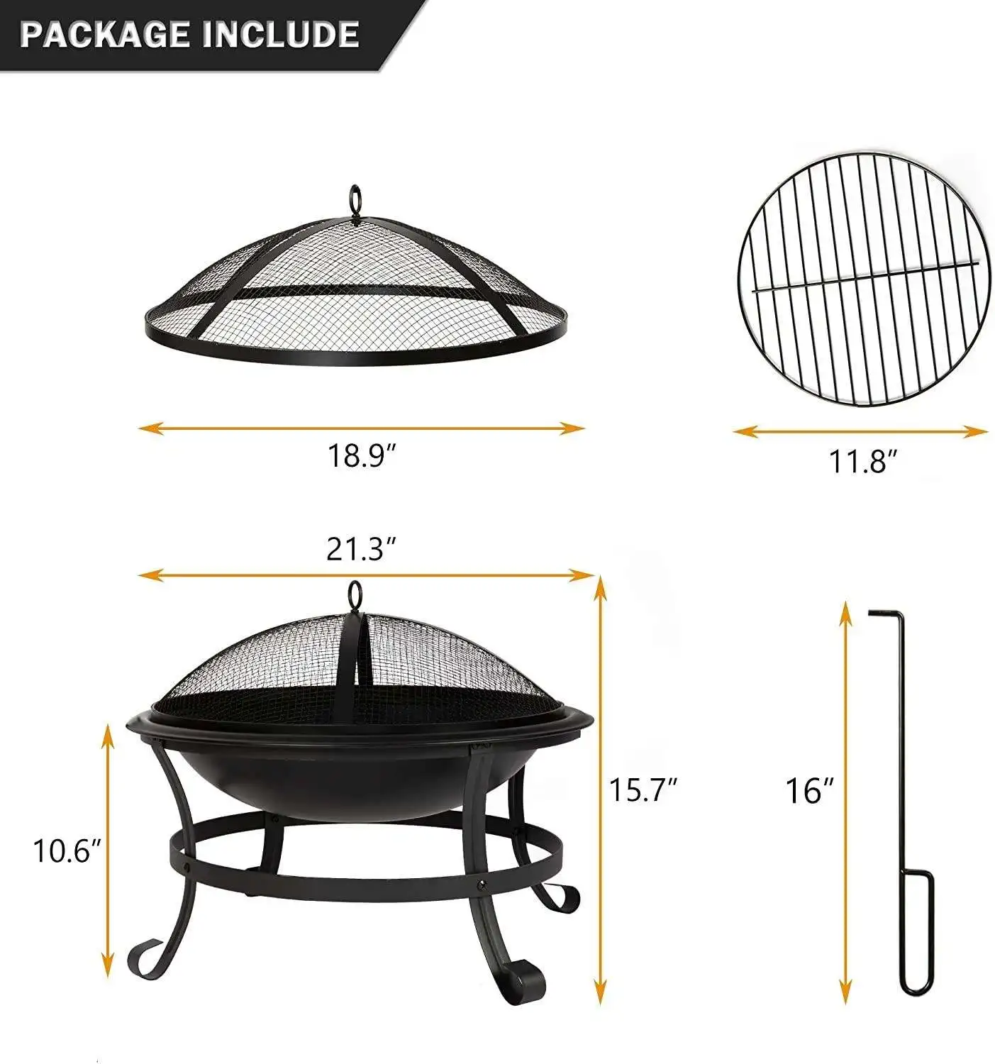 22'' Outdoor Wood Burning BBQ Grill Firepit Bowl w/Spark Round Mesh Spark Screen Cover Fire Poker Patio Steel Fire Pit Bonfire f