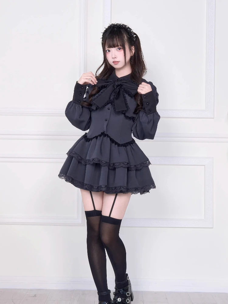 Japanese Style Mass-Produced Subculture Lace-Up Bow Long Sleeve Mini Dress High-Waisted Shorts Two-Piece Set for Women Autumn