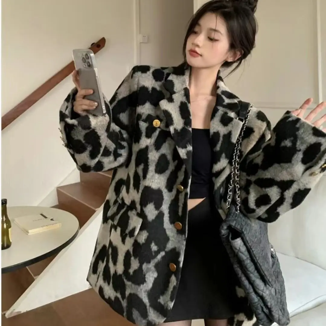 Leopard Print Woolen Suit Jacket 2024 Autumn Winter New Women High-End Korean Style Retro Loose Slim Design Long-Sleeved Top