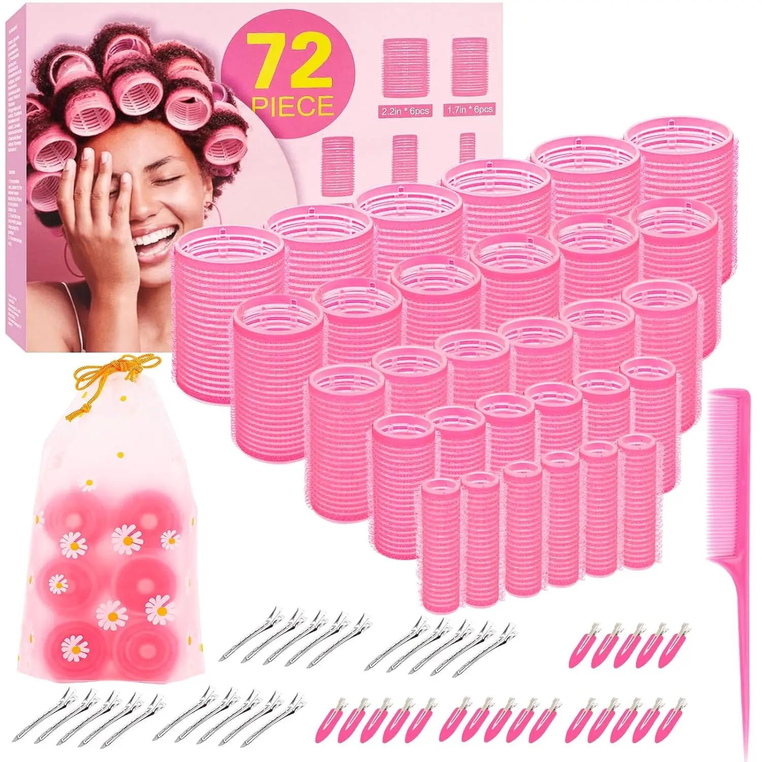 

72Pcs Hair Rollers Set, 5 Sizes, Jumbo to Mini, with Clips & Comb, for Blowout Look