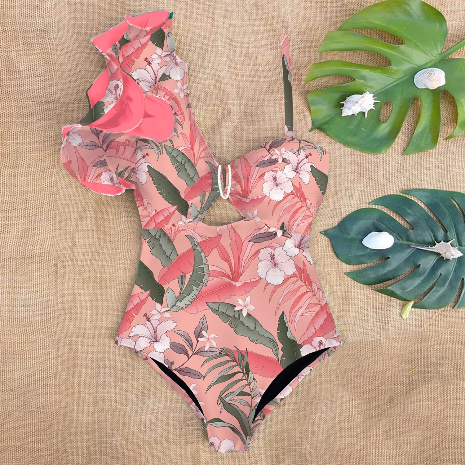 2022 New Arrival Ruffle Swimwear Single Shoulder One Piece Swimsuit Women Floral Printed Tropical Summer Beach Bathing Suit