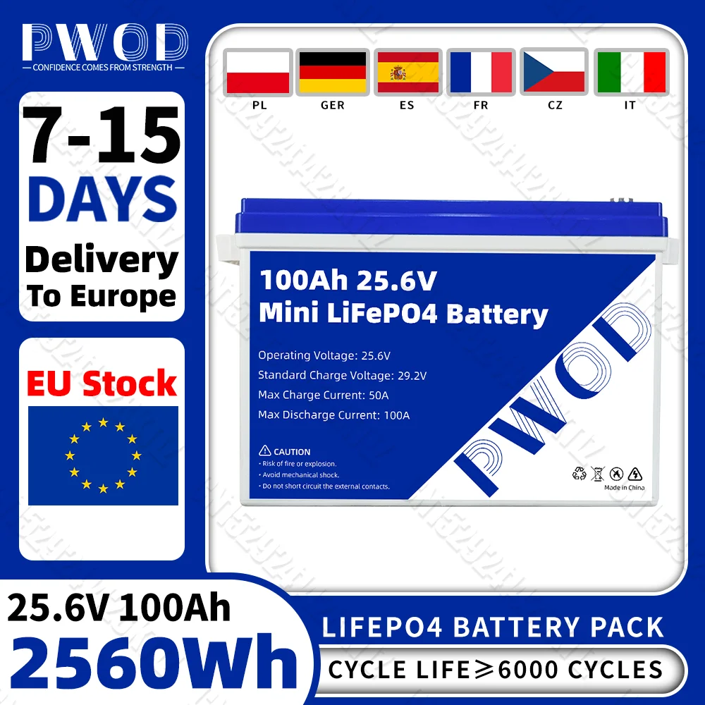 PWOD 24V 100Ah Lifepo4 battery Pack Mini 25.6V lithium iron phosphate rechargeable batteries For RV EV Solar Yacht Camping