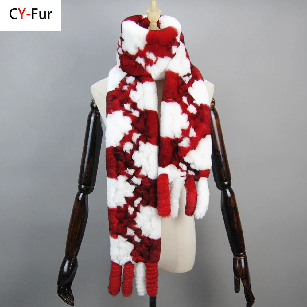 Knitted Long Style Women Real Rex Rabbit Fur Scarf Winter Natural Soft Real Fur Scarves Lady Warm Real Rex Rabbit Fur Muffler