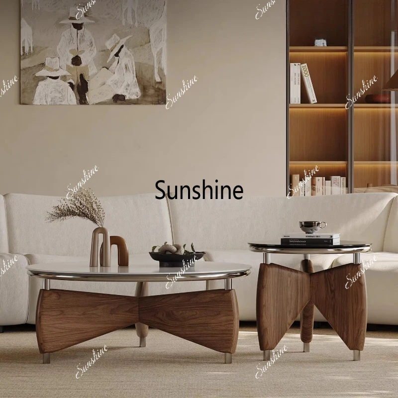 

Medieval style rock slab coffee table round living room household small apartment cream style tea table