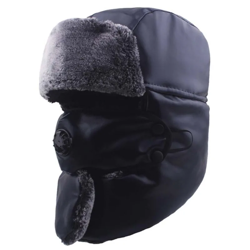 Winter PU Leder Maske Hut Outdoor Fleece Gepolsterte Warme Bomber Hut Winddicht Kälte Beweis Gehörschutz Kappe Russische Hut Unisex