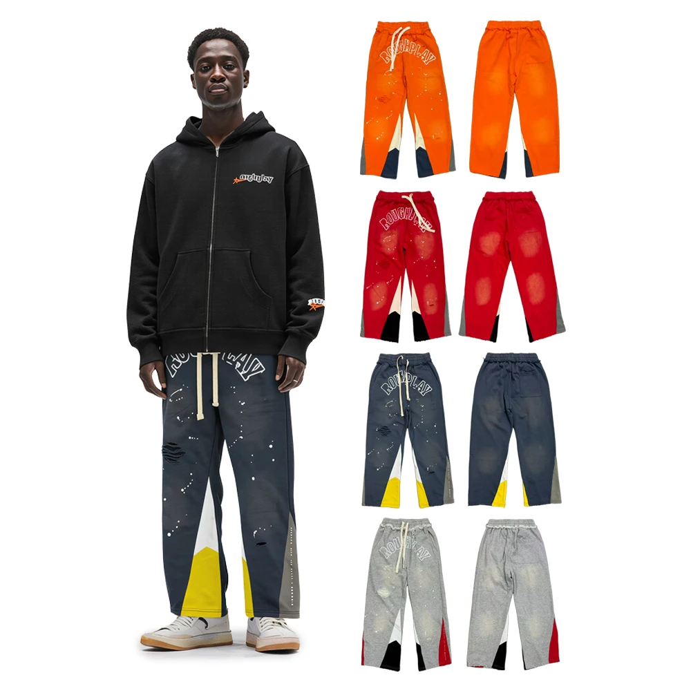 Y2k Streetwear Rock Revival Wide Leg Sweatpants with Patchwork Hiphop Street Style Cotton Vintage Distressed Ripped Causal Pants
