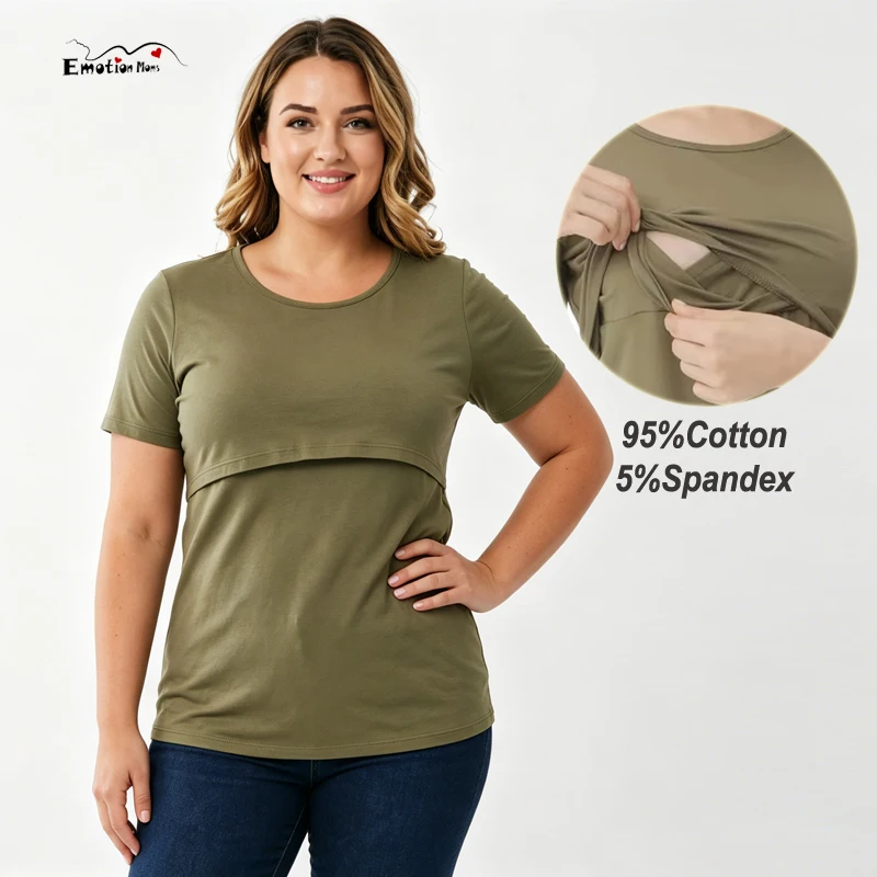 

95% Cotton Spandex Plus Size Nursing Tee Short Sleeve Crew Neck Double Layer Hidden Feeding Maternity Pregnancy Top