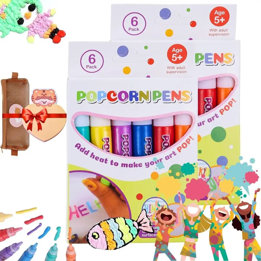 6Pcs 3D Art Puffy Pen Magic Popcorn Pens Puffy for Greeting Birthday Cards Kids Children 3D Art Pens Kids Gifts