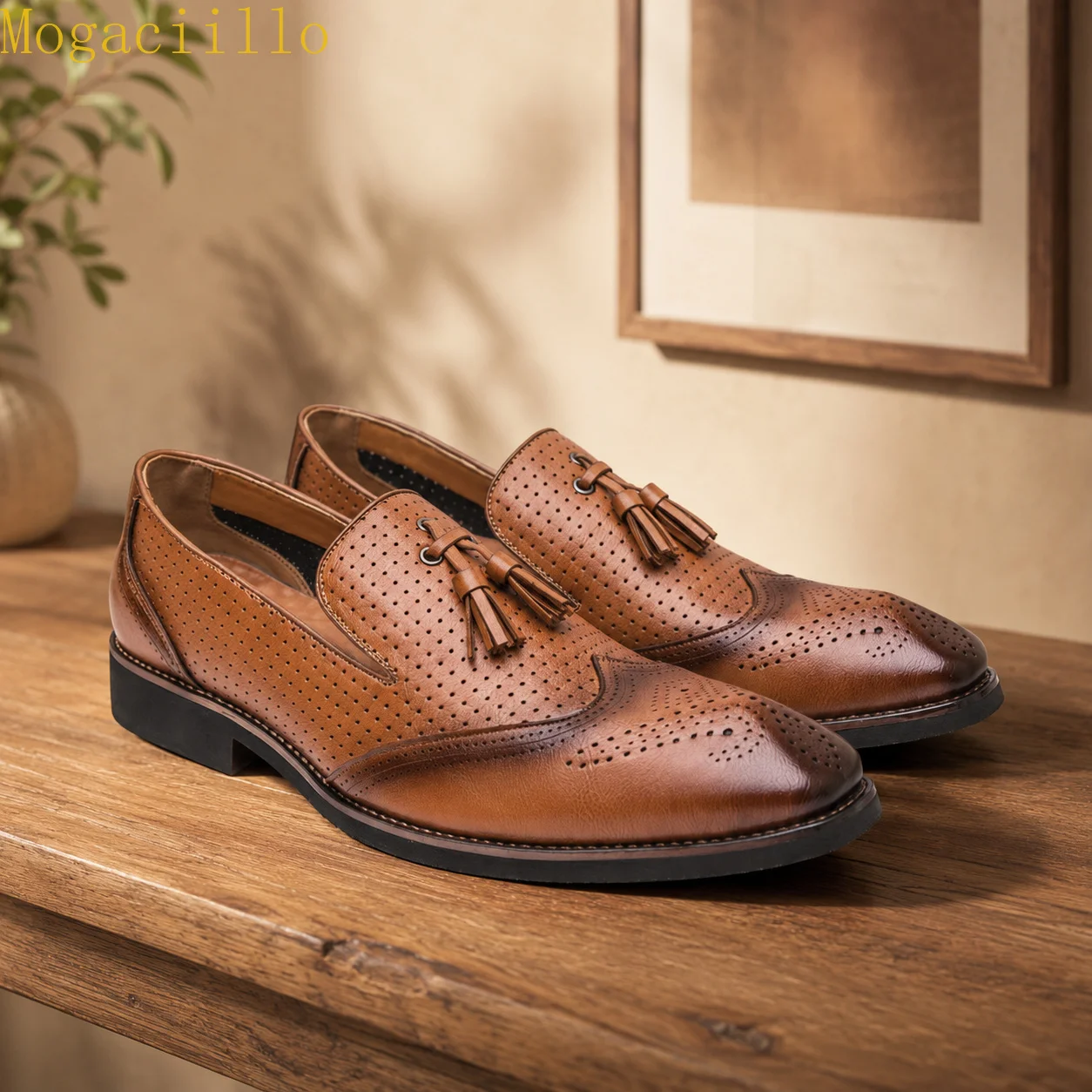 Brand Yellow Men's Tassel  Red Sole Loafers Large Size 39‑46 Perforated Breathable Wingtip Brogue Slip‑On Casual Leather Shoes - view 5