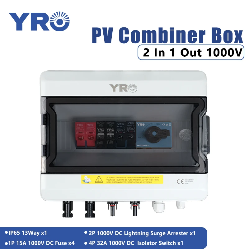 PV Combiner Box 2 input 1 output DC1000V Solar Photovoltaic With Lightning Protection Fuse Isolator Switch IP65 13ways Box