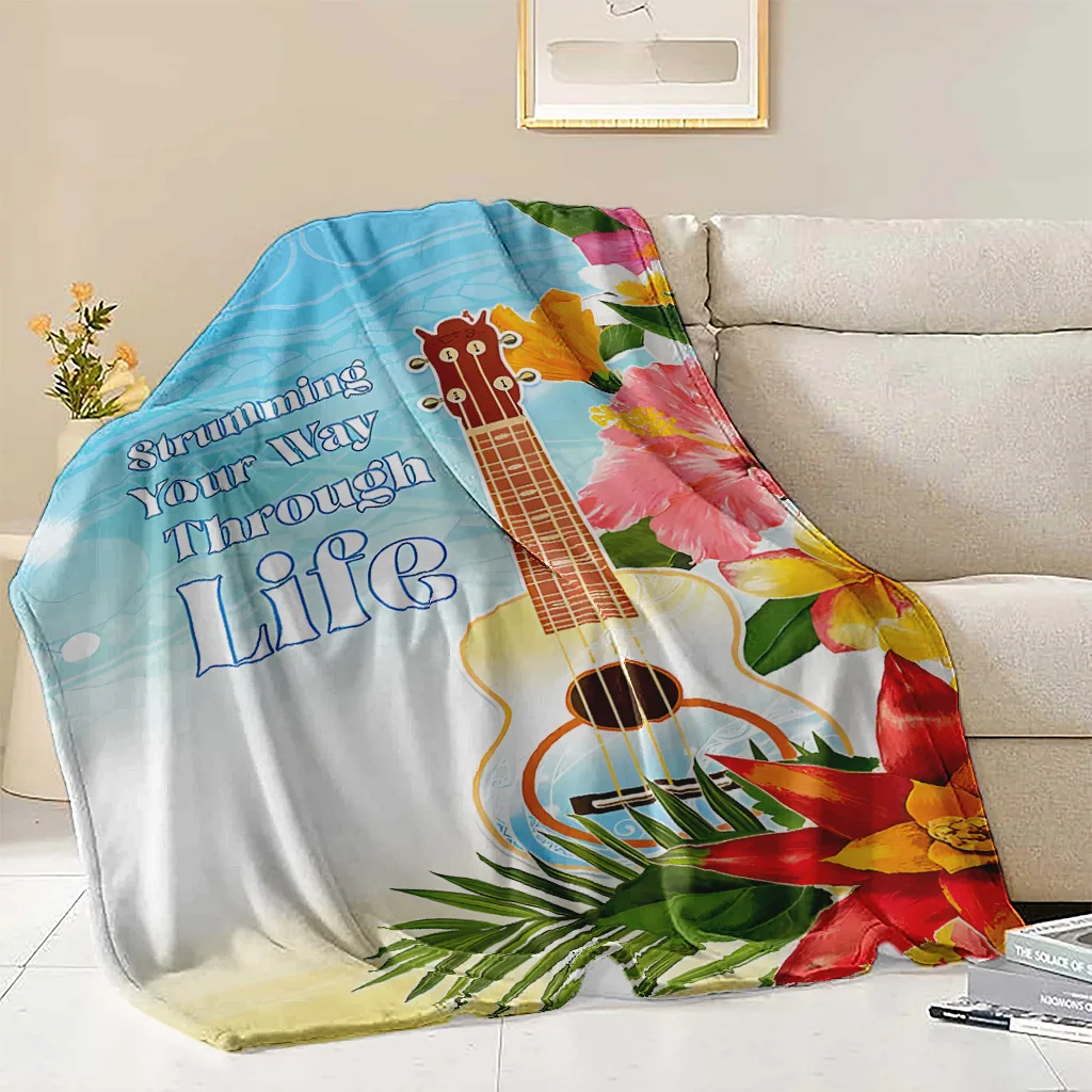 Hawaii ukulele pattern Flannel printed blanket suitable for all seasons suitable for living room office sofa and travel