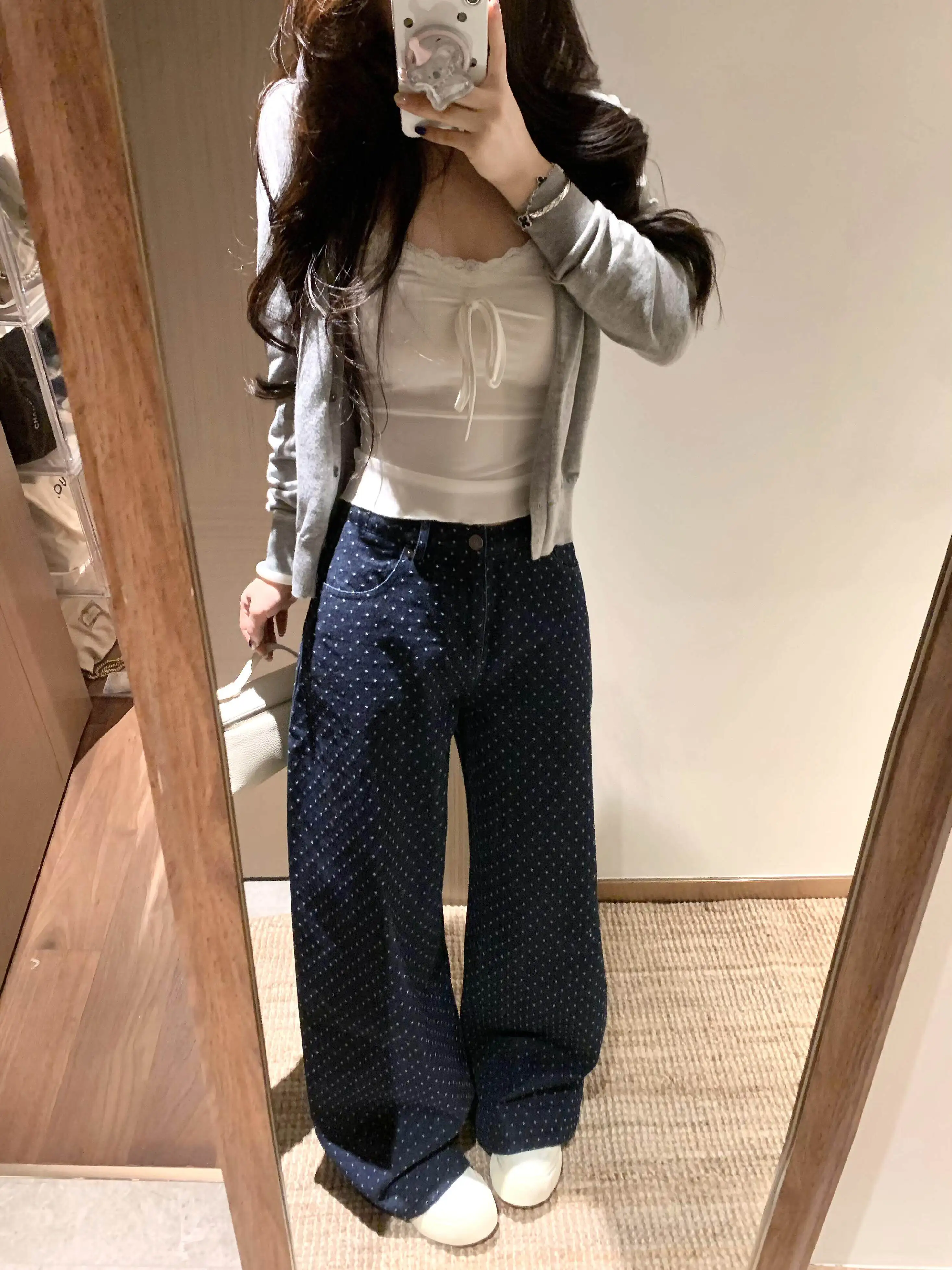 

High Waist Wide Leg Denim Jeans Women's Retro Polka Dot Casual Straight Floor-Length Pants Loose Fit Slimming Effect