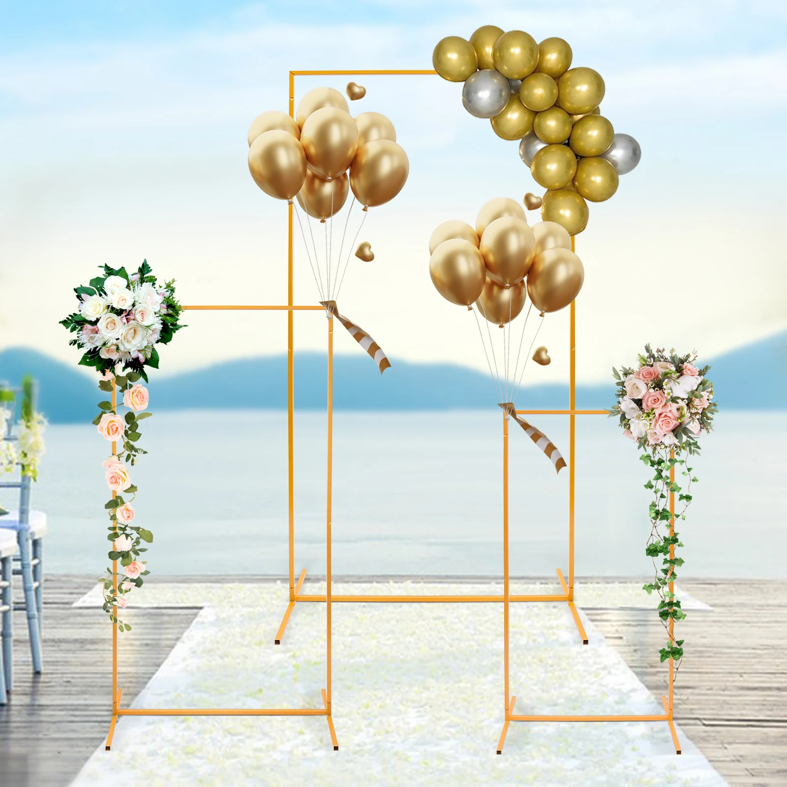 3PCS Wedding Arch Metal Backdrop Rectangular Wedding Stand Balloon Frame Archway White/Gold